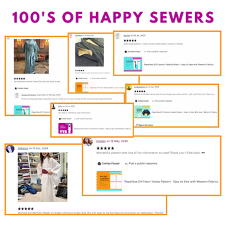 Collage of customer reviews showcasing Japanese Sewing Pattern satisfaction with kimonos and yukatas.