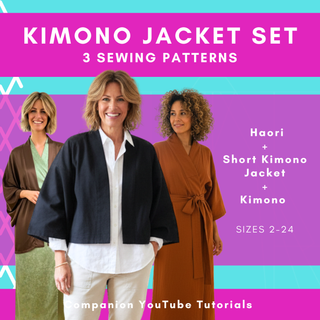 Kimono Jacket Sewing Pattern 3-Pack featuring Haori, short kimono jacket, and kimono styles for sizes 2-24.