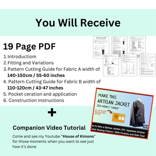 Chore Jacket Sewing Pattern PDF details with cutting guides, fitting instructions, and a video tutorial overview.
