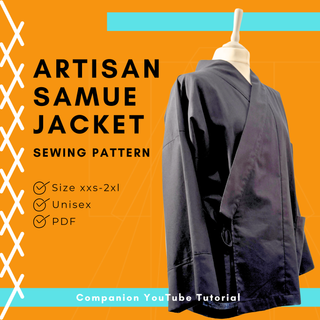 Chore Jacket Sewing Pattern showcased on a mannequin, featuring unisex design and PDF instructions.