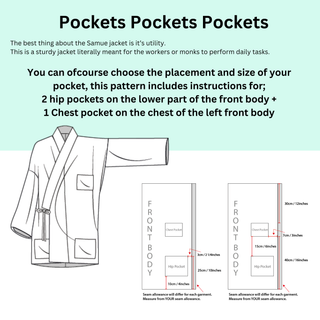 Chore Jacket Sewing Pattern design showcasing pocket placements and sizes for unisex Samue Jacket.