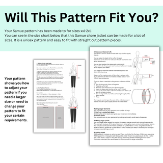 Chore Jacket Sewing Pattern size adjustment guide for unisex fit and various sizes including XXL-2XL.