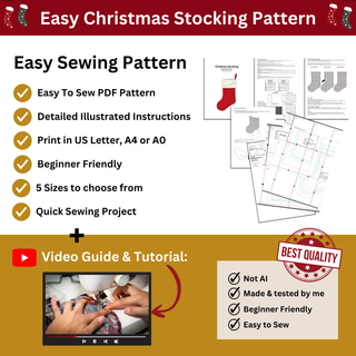 Christmas Stocking Sewing Pattern PDF — Contrast Cuff Design, 5 Sizes XS–XL