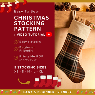 Christmas Stocking Sewing Pattern PDF — Contrast Cuff Design, 5 Sizes XS–XL