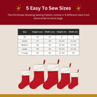 Christmas Stocking Sewing Pattern PDF — Contrast Cuff Design, 5 Sizes XS–XL