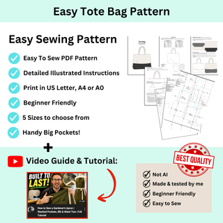 Tote Bag Sewing Pattern PDF — Flat Base Design, 5 Sizes XS–XL