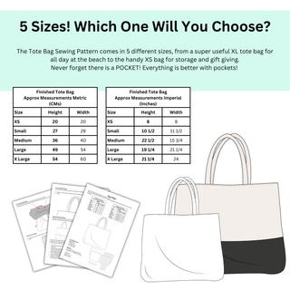 Tote Bag Sewing Pattern PDF — Flat Base Design, 5 Sizes XS–XL