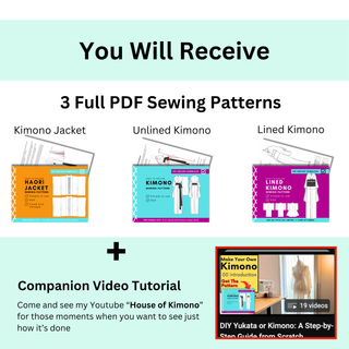 Haori Yukata & Kimono Sewing Pattern 3-Pack featuring 3 PDF sewing patterns including Haori, unlined, and lined kimono.