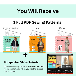 Kimono Jacket Sewing Pattern 3-Pack featuring PDF patterns for Kimono Jacket, Haori, and Kimono with video tutorial.