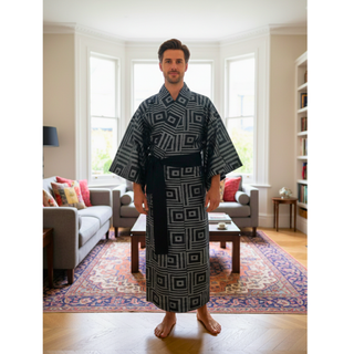 A person wearing a black and white kimono from the Japanese Sewing Patterns collection.