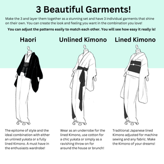 3 Beautiful garments showcasing Haori, Unlined Kimono, and Lined Kimono in a fashion illustration for sewing patterns.