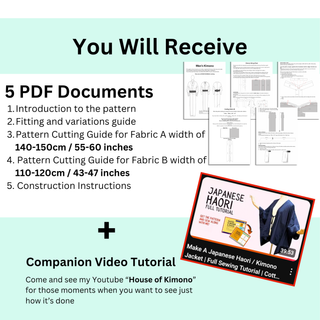 You will receive 5 PDF documents and a companion video tutorial for Men’s Haori Pattern sewing guide.