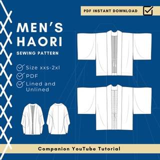 Men’s Haori Pattern sewing design featuring sizes xxs-2xl, PDF format, and lined/unlined options.