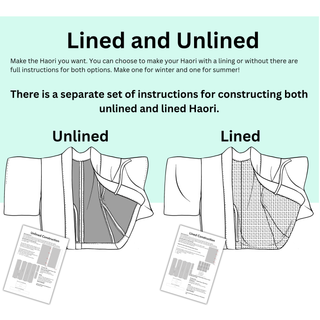 Illustration showing lined and unlined options for Men’s Haori Pattern with instructions for each type.