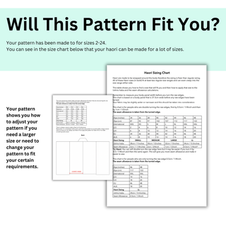 Haori Pattern sizing chart for sizes 2-24, showing adjustments for a perfect fit.