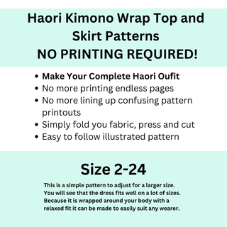 Haori Kimono Wrap Top and Skirt Patterns with instructions for no printing required, adjust for size 2-24.
