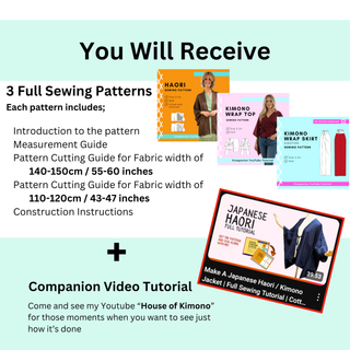 Kimono Suit Pattern Set includes 3 full sewing patterns, introduction, measurement guide, and companion video tutorial.