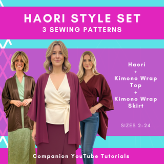 Kimono Suit Pattern Set featuring Haori Jacket, Kimono Wrap Top & Kimono Wrap Skirt sewing patterns for sizes 2-24.
