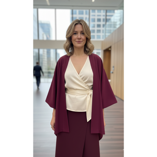 Kimono Suit Pattern Set modeled by a woman in a modern setting wearing a Haori jacket and Kimono wrap top.