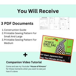 Japanese Knot Bag Pattern: 3 PDF documents including construction guide and sewing patterns for various sizes.