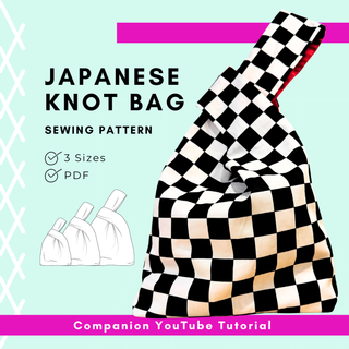 Japanese Knot Bag Pattern featuring stylish checkered design in three sizes for easy sewing.