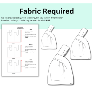 Fabric requirements for the Japanese Knot Bag Pattern, featuring sizing guides for small, medium, and large bags.