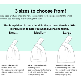 Infographic showing 3 sizes of Japanese Knot Bag Pattern: Small, Medium, and Large with height details and styling tips.