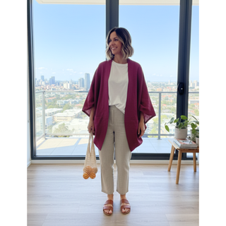 Woman wearing a stylish Cape Jacket Sewing Pattern, standing indoors with a city view.