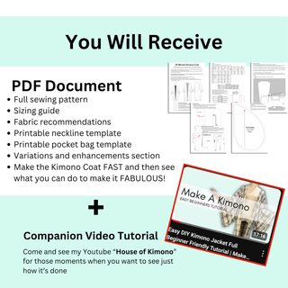 Kimono Coat Sewing Pattern PDF document details including sewing instructions and companion video tutorial for easy reference.