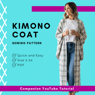 Kimono Coat Sewing Pattern shown with a woman in a stylish outfit holding a mug on a bright background.
