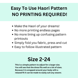 Easy to use Haori pattern with no printing required, size 2-24, illustrated pattern guide for sewing.