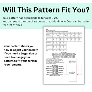 Sizing chart for Kimono Coat Sewing Pattern showing available sizes 2-24 and adjustment instructions.