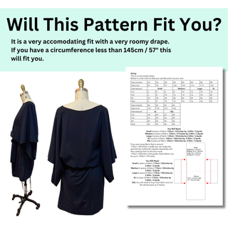 Kimono Dress Sewing Pattern displayed on a dress form, showcasing the roomy fit and stylish wrap design.