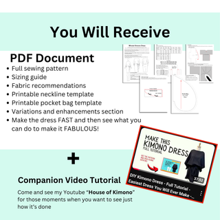 Kimono Dress Sewing Pattern PDF document with templates, sizing guide, and companion video tutorial.
