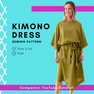 Kimono Dress Sewing Pattern displayed on a model, featuring wide sleeves and tie waist, available in PDF format, sizes 2-24.