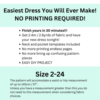 Easiest dress sewing pattern with no printing required. Size 2-24, finish in 30 minutes with templates included.