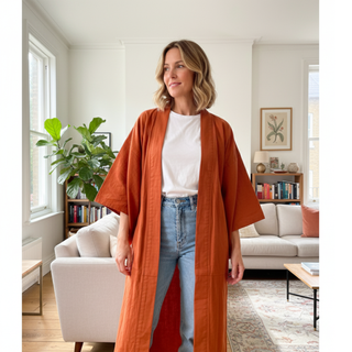 Model showcasing a stylish kimono from the Kimono Sewing Pattern Set in a cozy living room.
