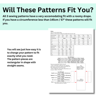 Will These Patterns Fit You? Size chart for Kimono Sewing Pattern Set with easy adjustments for various body sizes.