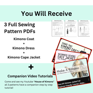 Kimono Sewing Pattern Set featuring pattern PDFs for Kimono Coat, Kimono Dress, and Kimono Cape Jacket with video tutorials.
