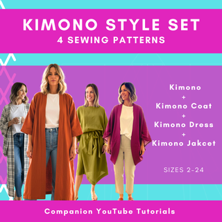 Kimono Sewing Pattern Set featuring four patterns: Kimono, Kimono Coat, Kimono Dress, and Kimono Jacket. Sizes 2-24.
