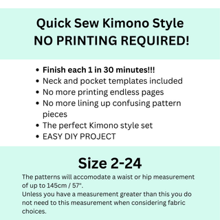 Quick Sew Kimono Style image highlighting no printing required, size range 2-24, and easy DIY project features.