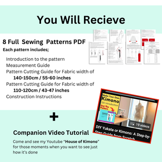 You will receive 8 full kimono sewing patterns in PDF format with measurement guides and a companion video tutorial.
