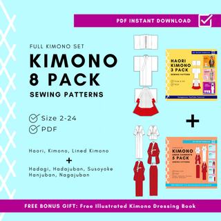 Kimono Sewing Pattern 8-piece set featuring various designs in PDF format for sizes 2-24. Instant download available.
