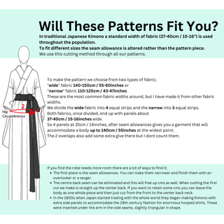 Kimono Sewing Pattern fitting guide with fabric width and measurements for traditional Japanese kimono designs.