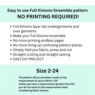 Easy to use Full Kimono Ensemble pattern with no printing required for sizes 2-24, perfect for DIY kimono projects.