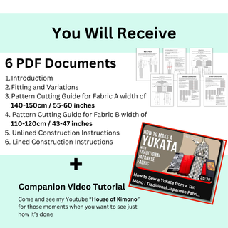 Men’s Kimono Sewing Pattern includes 6 PDF documents and a companion video tutorial for easy creation of a traditional kimono.