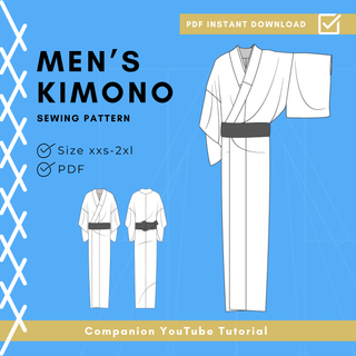 Men’s Kimono Sewing Pattern featuring sizes XXS-2XL available for instant PDF download.
