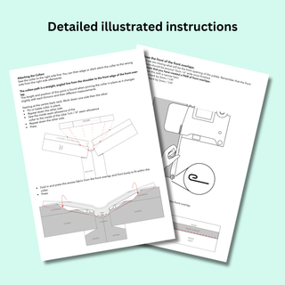 Detailed illustrated instructions for the Men’s Kimono Sewing Pattern, showing how to attach the collar and front overlaps.