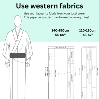 Men’s Kimono Sewing Pattern showing diagram for sizing and fabric recommendations with dimensions for custom fitting.