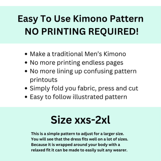 Easy to use Men’s Kimono Sewing Pattern; no printing required; size options from xxs to 2xl.